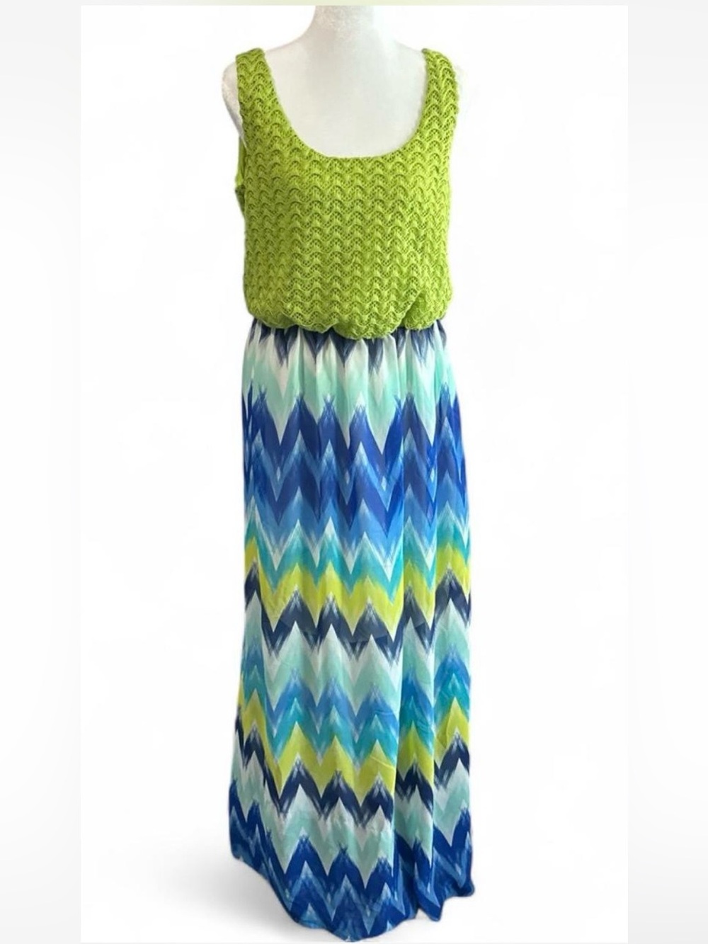 Woman’s Lime Green and Blue Knit Top Chevron Maxi Dress